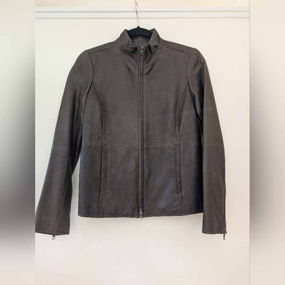 Eileen Fisher Dark Brown Leather Jacket XXS 100% Lamb Leather